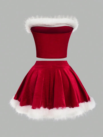 2pcs/Set Women's Christmas Outfit Faux Fur Bow Decor Cropped Top And Mini Skirt Suit For Fashion