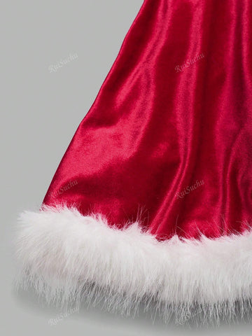 2pcs/Set Women's Christmas Outfit Faux Fur Bow Decor Cropped Top And Mini Skirt Suit For Fashion