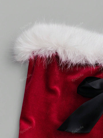 2pcs/Set Women's Christmas Outfit Faux Fur Bow Decor Cropped Top And Mini Skirt Suit For Fashion