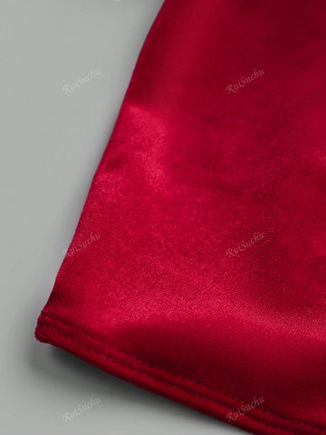 2pcs/Set Women's Christmas Outfit Faux Fur Bow Decor Cropped Top And Mini Skirt Suit For Fashion