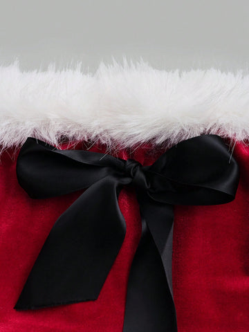 2pcs/Set Women's Christmas Outfit Faux Fur Bow Decor Cropped Top And Mini Skirt Suit For Fashion