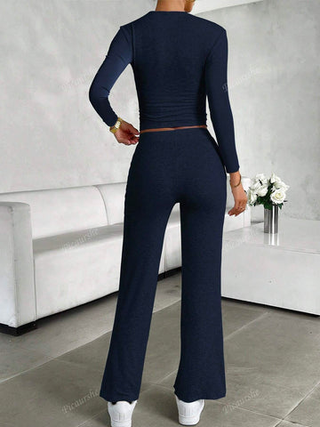 2pcs/Set Women Solid Color Slim Fit Long Sleeve T-Shirt And Pants