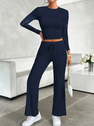 2pcs/Set Women Solid Color Slim Fit Long Sleeve T-Shirt And Pants