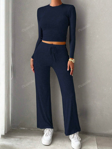 2pcs/Set Women Solid Color Slim Fit Long Sleeve T-Shirt And Pants