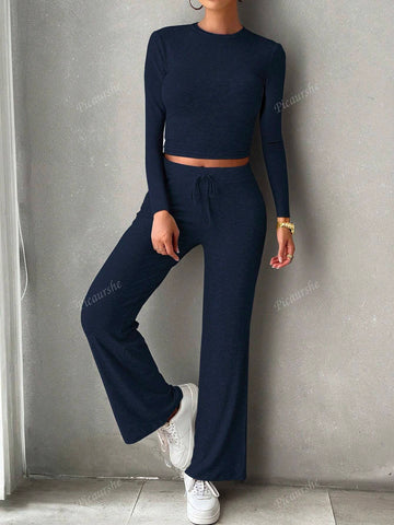 2pcs/Set Women Solid Color Slim Fit Long Sleeve T-Shirt And Pants