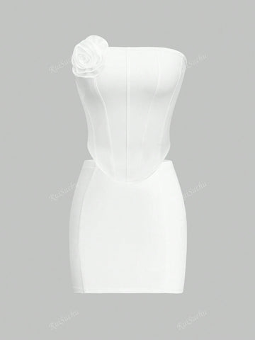 2pcs/Set Women's White Fish Bone Bra With 3D Floral Decor And Skirt