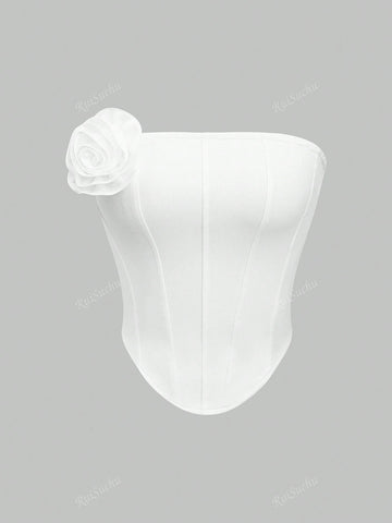 2pcs/Set Women's White Fish Bone Bra With 3D Floral Decor And Skirt