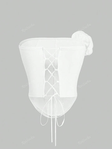 2pcs/Set Women's White Fish Bone Bra With 3D Floral Decor And Skirt