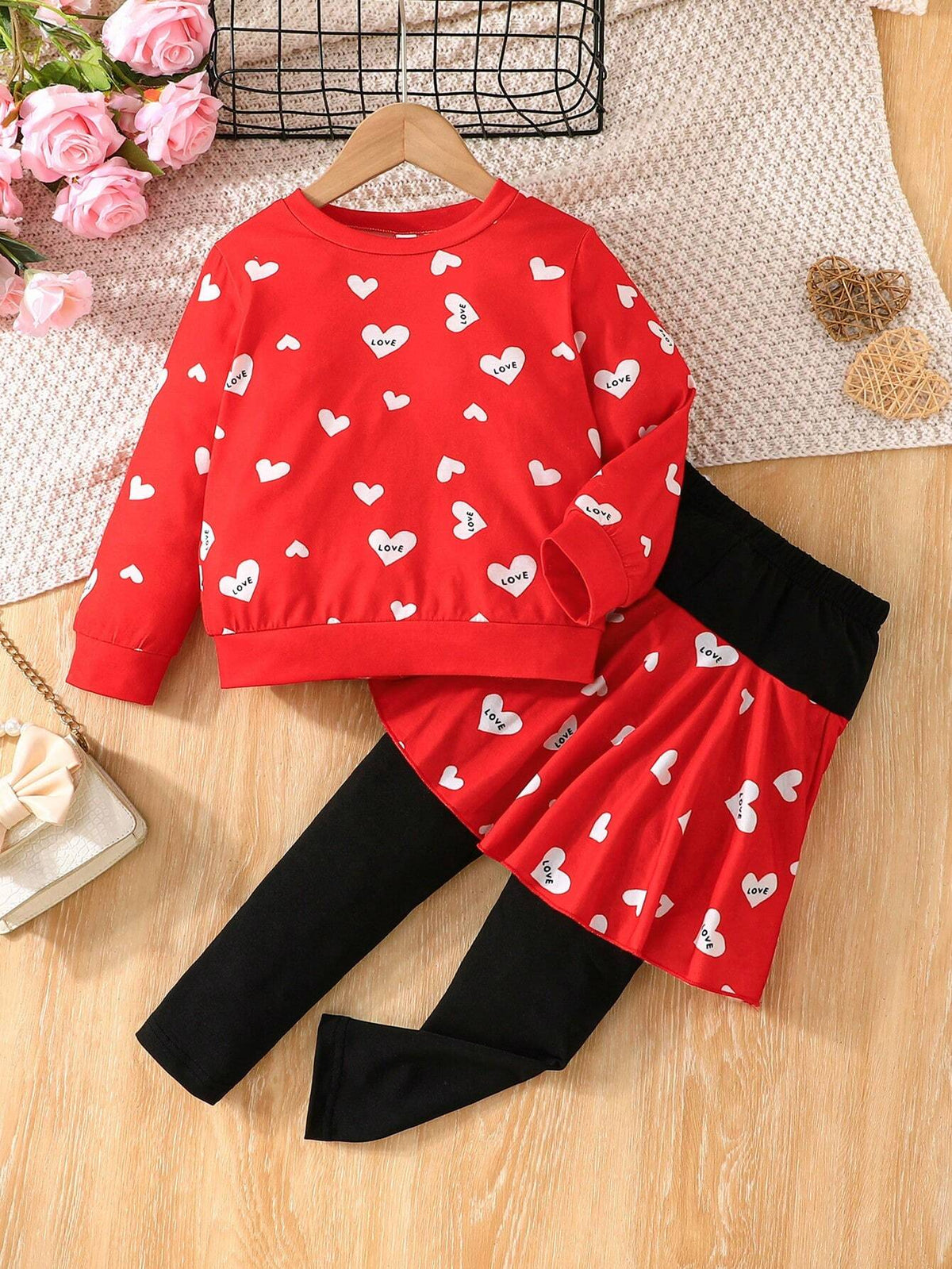 2pcs/Set Young Girl 3-7Y Sweet Heart Print Long Sleeve Shirt And Fashionable Skort Casual Outfit