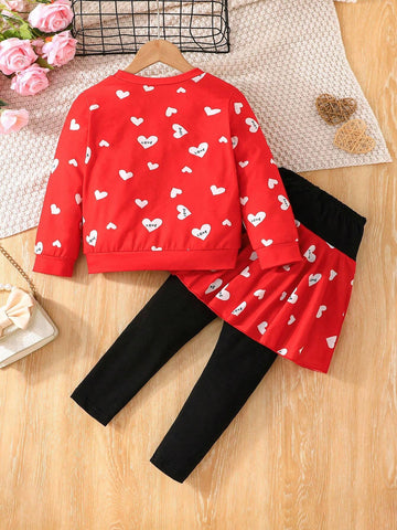 2pcs/Set Young Girl 3-7Y Sweet Heart Print Long Sleeve Shirt And Fashionable Skort Casual Outfit