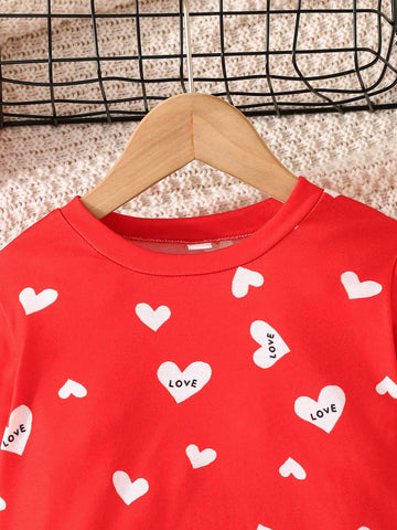 2pcs/Set Young Girl 3-7Y Sweet Heart Print Long Sleeve Shirt And Fashionable Skort Casual Outfit