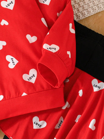 2pcs/Set Young Girl 3-7Y Sweet Heart Print Long Sleeve Shirt And Fashionable Skort Casual Outfit