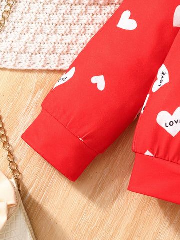 2pcs/Set Young Girl 3-7Y Sweet Heart Print Long Sleeve Shirt And Fashionable Skort Casual Outfit