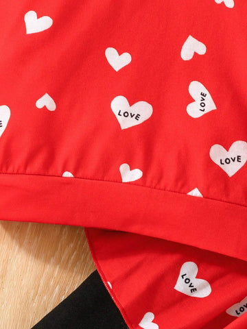 2pcs/Set Young Girl 3-7Y Sweet Heart Print Long Sleeve Shirt And Fashionable Skort Casual Outfit