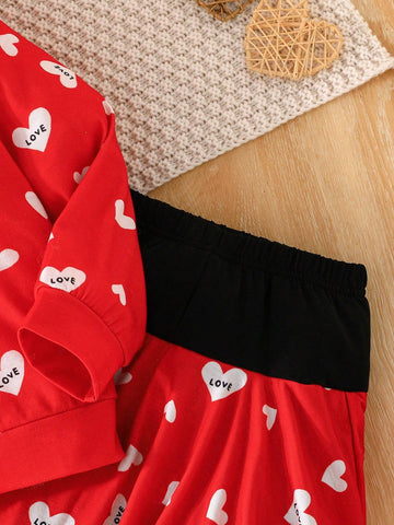 2pcs/Set Young Girl 3-7Y Sweet Heart Print Long Sleeve Shirt And Fashionable Skort Casual Outfit