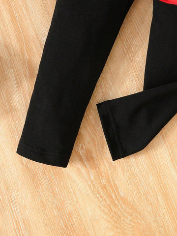 2pcs/Set Young Girl 3-7Y Sweet Heart Print Long Sleeve Shirt And Fashionable Skort Casual Outfit