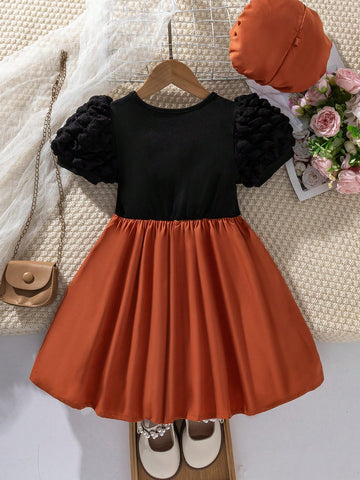 2pcs/Set Young Girl Casual Cute Bow Solid Color Patchwork Round Neck Puff Sleeve Dress And Hat Set, Versatile For Summer