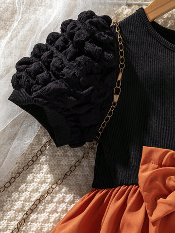 2pcs/Set Young Girl Casual Cute Bow Solid Color Patchwork Round Neck Puff Sleeve Dress And Hat Set, Versatile For Summer