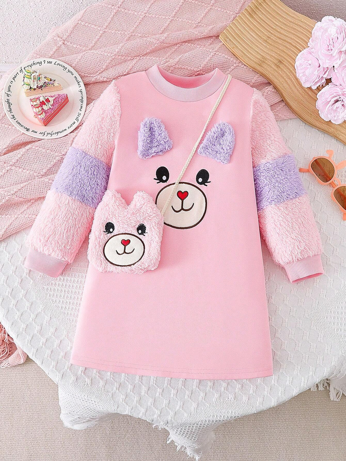 2pcs/Set Young Girl Casual Cute Cartoon Plush Splice Long Sleeve Dress + Matching Plush Bag