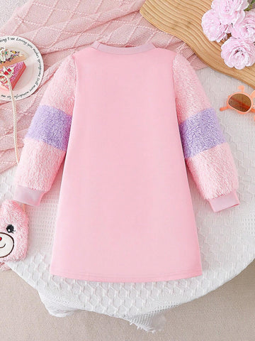 2pcs/Set Young Girl Casual Cute Cartoon Plush Splice Long Sleeve Dress + Matching Plush Bag
