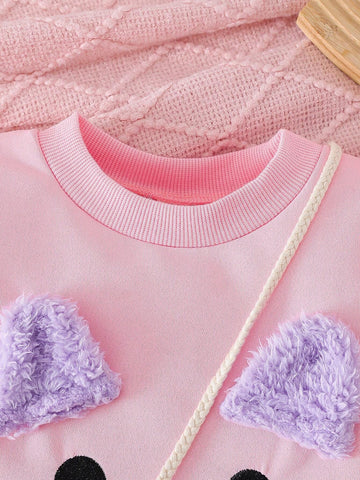 2pcs/Set Young Girl Casual Cute Cartoon Plush Splice Long Sleeve Dress + Matching Plush Bag