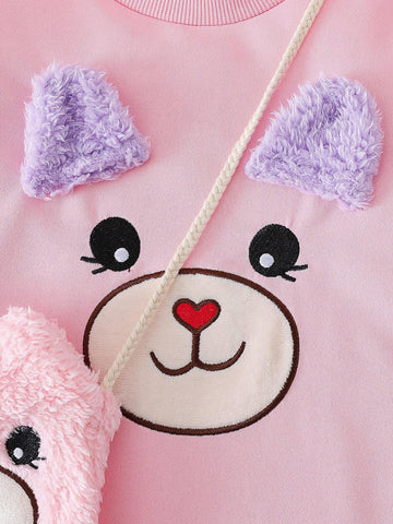 2pcs/Set Young Girl Casual Cute Cartoon Plush Splice Long Sleeve Dress + Matching Plush Bag