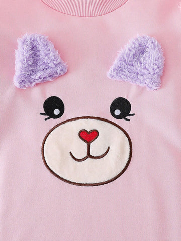 2pcs/Set Young Girl Casual Cute Cartoon Plush Splice Long Sleeve Dress + Matching Plush Bag
