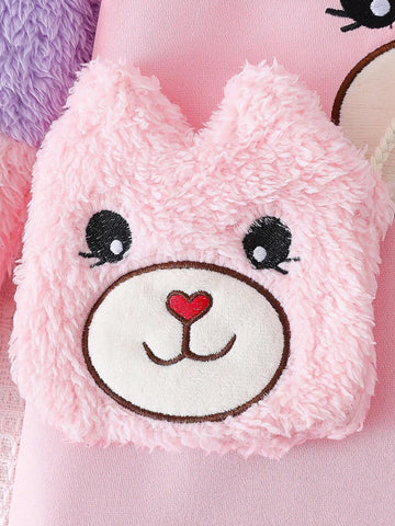 2pcs/Set Young Girl Casual Cute Cartoon Plush Splice Long Sleeve Dress + Matching Plush Bag