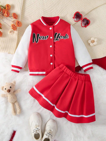 2pcs/Set Young Girl' Casual Minimalist Collegiate Style Baseball Jacket And Red Pleated Skirt Outfit, Fall