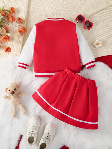 2pcs/Set Young Girl' Casual Minimalist Collegiate Style Baseball Jacket And Red Pleated Skirt Outfit, Fall