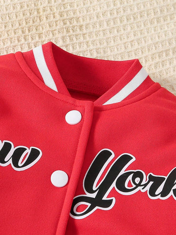 2pcs/Set Young Girl' Casual Minimalist Collegiate Style Baseball Jacket And Red Pleated Skirt Outfit, Fall