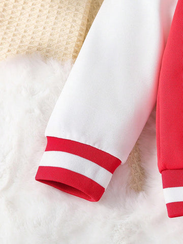 2pcs/Set Young Girl' Casual Minimalist Collegiate Style Baseball Jacket And Red Pleated Skirt Outfit, Fall