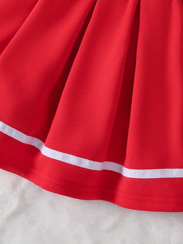 2pcs/Set Young Girl' Casual Minimalist Collegiate Style Baseball Jacket And Red Pleated Skirt Outfit, Fall