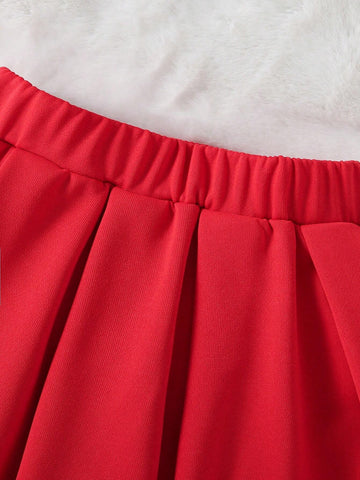 2pcs/Set Young Girl' Casual Minimalist Collegiate Style Baseball Jacket And Red Pleated Skirt Outfit, Fall