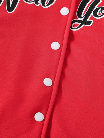 2pcs/Set Young Girl' Casual Minimalist Collegiate Style Baseball Jacket And Red Pleated Skirt Outfit, Fall