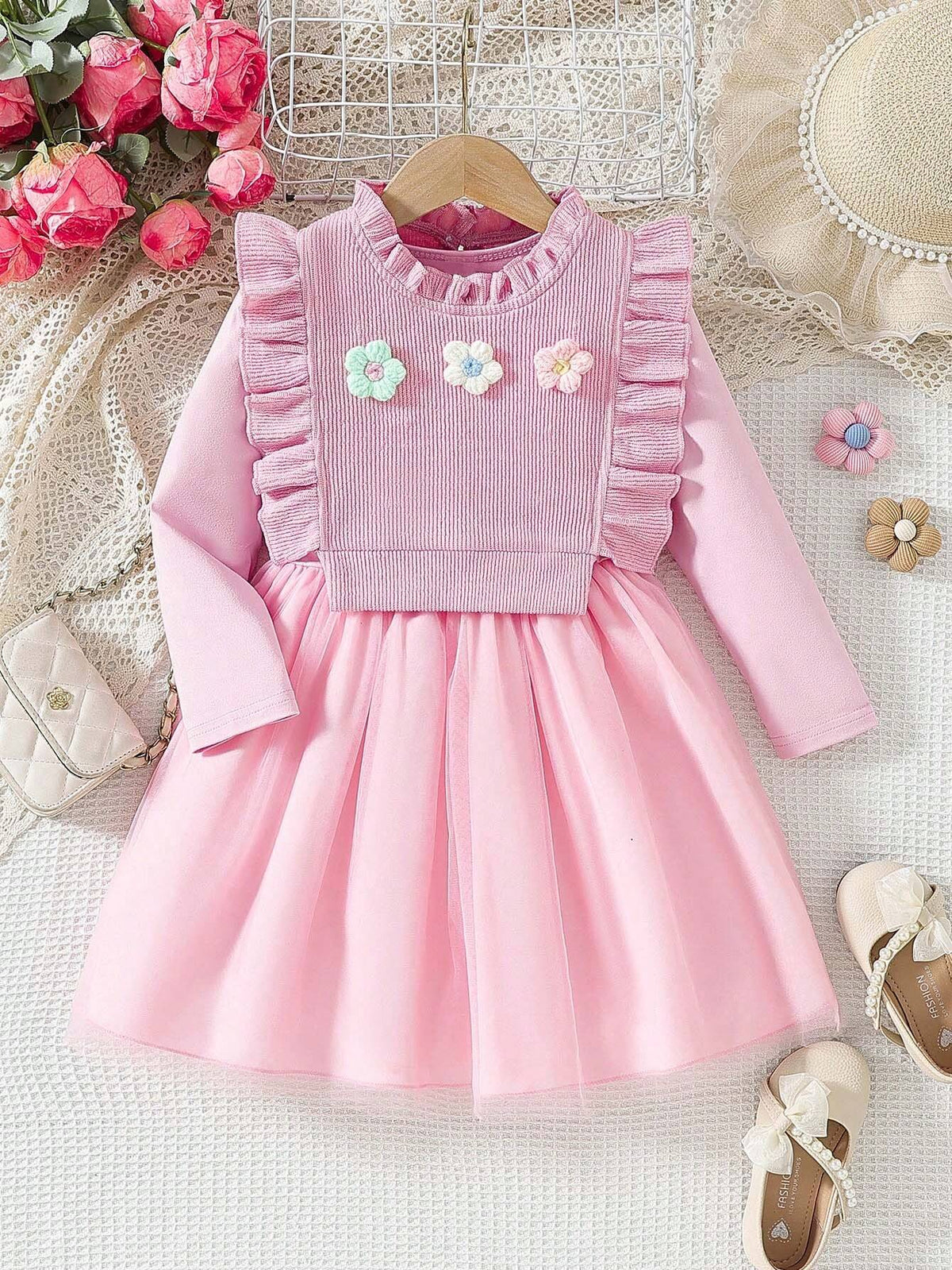 2pcs/Set Young Girl Casual Net Yarn Dress + Fashionable Ruffle Edge Flower Decor Vest Suit
