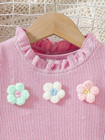 2pcs/Set Young Girl Casual Net Yarn Dress + Fashionable Ruffle Edge Flower Decor Vest Suit