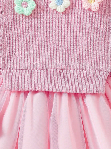 2pcs/Set Young Girl Casual Net Yarn Dress + Fashionable Ruffle Edge Flower Decor Vest Suit