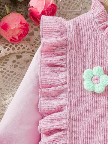 2pcs/Set Young Girl Casual Net Yarn Dress + Fashionable Ruffle Edge Flower Decor Vest Suit