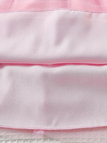 2pcs/Set Young Girl Casual Net Yarn Dress + Fashionable Ruffle Edge Flower Decor Vest Suit