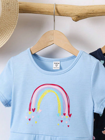 2pcs/Set Young Girl' Casual Rainbow Heart Print Short Sleeve Dress, Summer
