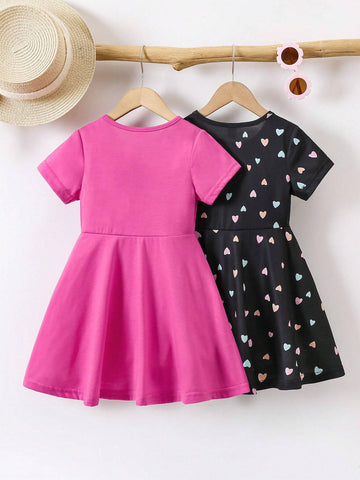 2pcs/Set Young Girl' Casual Rainbow Heart Printed Short Sleeve Dress, Summer