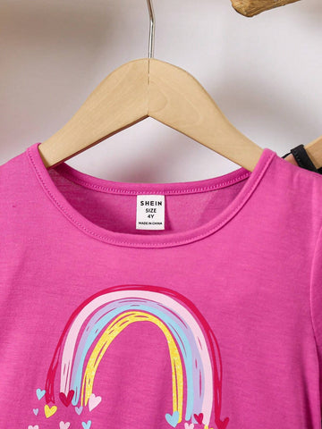 2pcs/Set Young Girl' Casual Rainbow Heart Printed Short Sleeve Dress, Summer