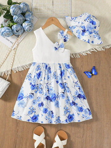 2pcs/Set Young Girl Casual Summer Knit Ribbed Bow Decor Patchwork Blue Floral Print Dress And Round Cap Set