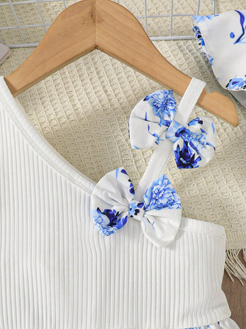 2pcs/Set Young Girl Casual Summer Knit Ribbed Bow Decor Patchwork Blue Floral Print Dress And Round Cap Set