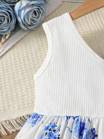 2pcs/Set Young Girl Casual Summer Knit Ribbed Bow Decor Patchwork Blue Floral Print Dress And Round Cap Set