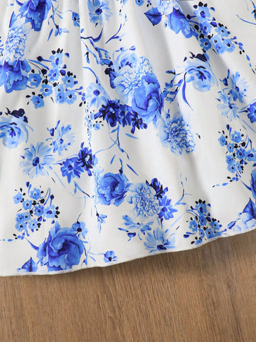 2pcs/Set Young Girl Casual Summer Knit Ribbed Bow Decor Patchwork Blue Floral Print Dress And Round Cap Set