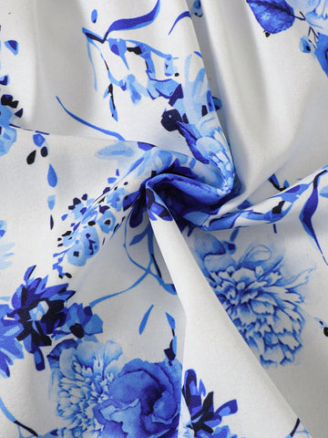 2pcs/Set Young Girl Casual Summer Knit Ribbed Bow Decor Patchwork Blue Floral Print Dress And Round Cap Set