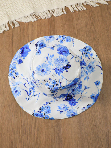 2pcs/Set Young Girl Casual Summer Knit Ribbed Bow Decor Patchwork Blue Floral Print Dress And Round Cap Set