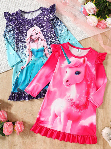 2pcs/Set Young Girl Cute Unicorn Pattern Ruffle Trim Long Sleeve Dress